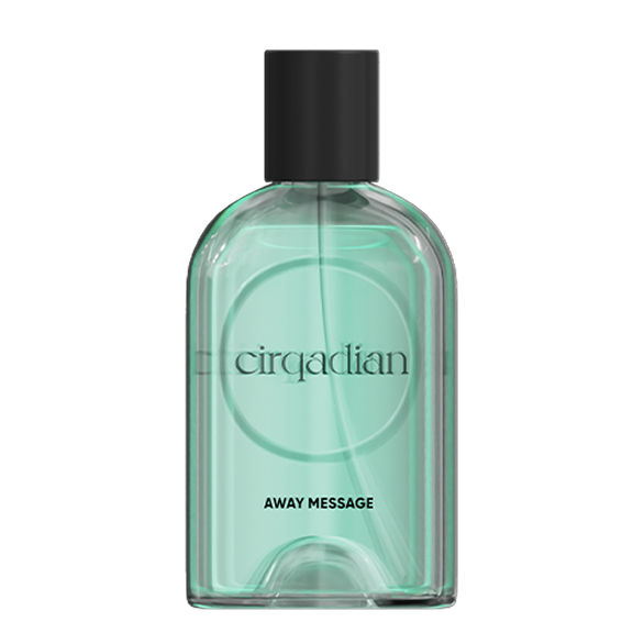 A bottle of Cirqadian Away Message fragrance with a translucent mint green glass body and a matte black cap, shown against a plain white background.