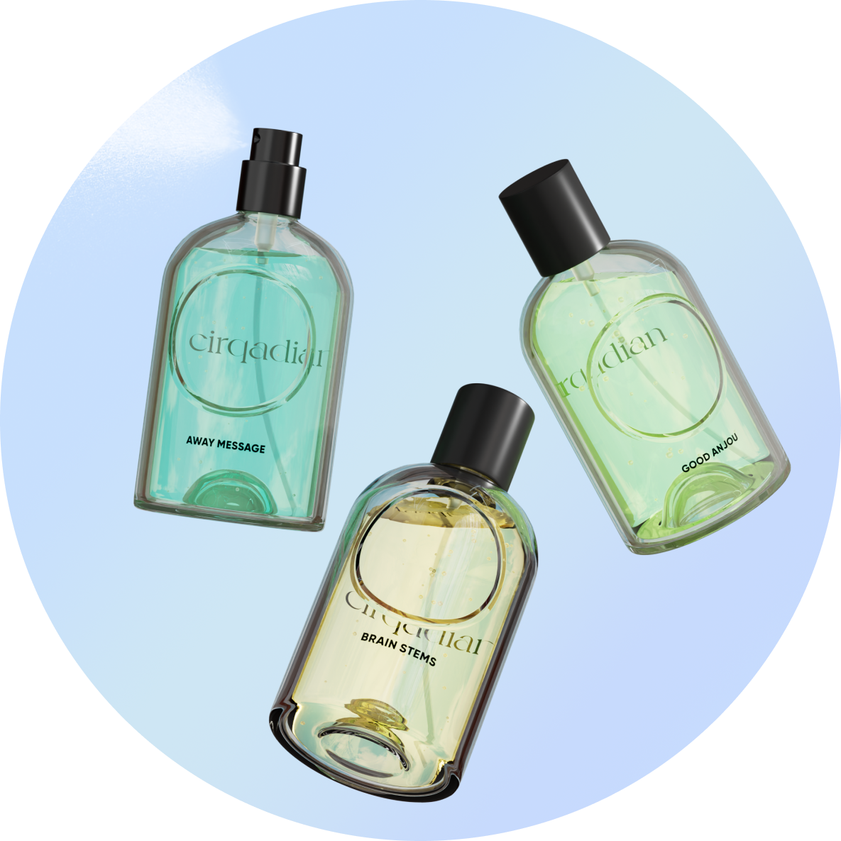 Three clear glass Cirqadian fragrance bottles with black spray caps floating on a light blue circular background.