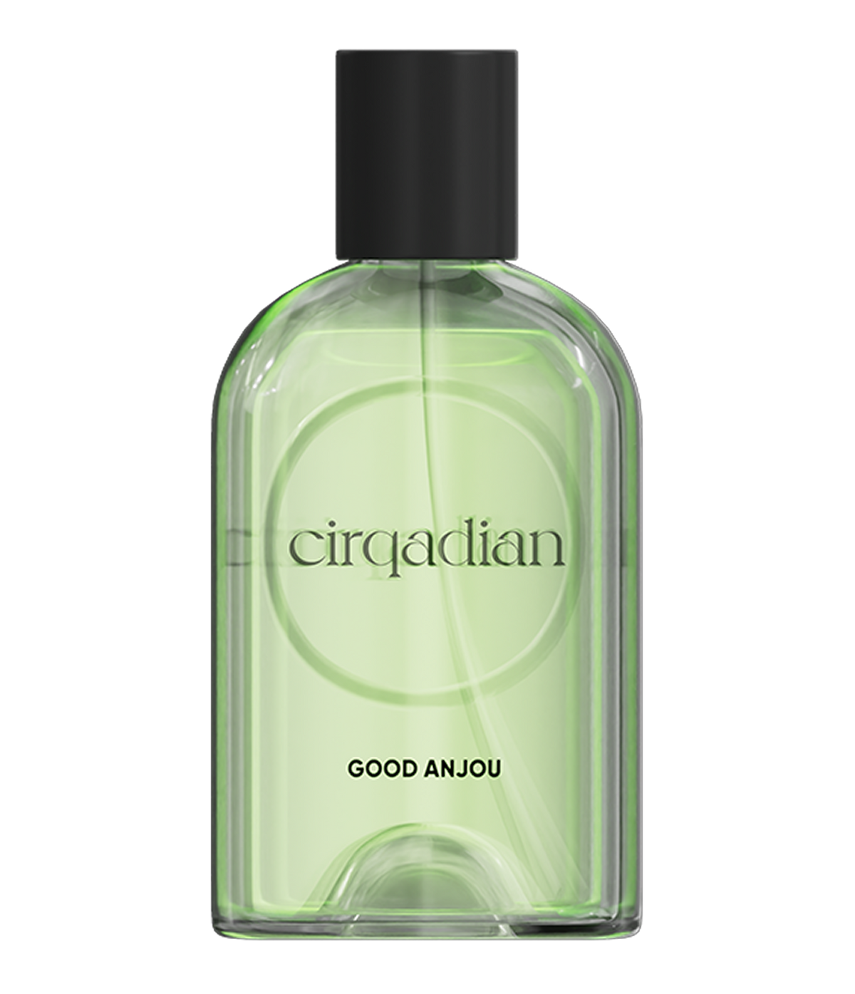 Cirqadian Good Anjou fragrance bottle with black cap and pale green liquid on a light grey background
