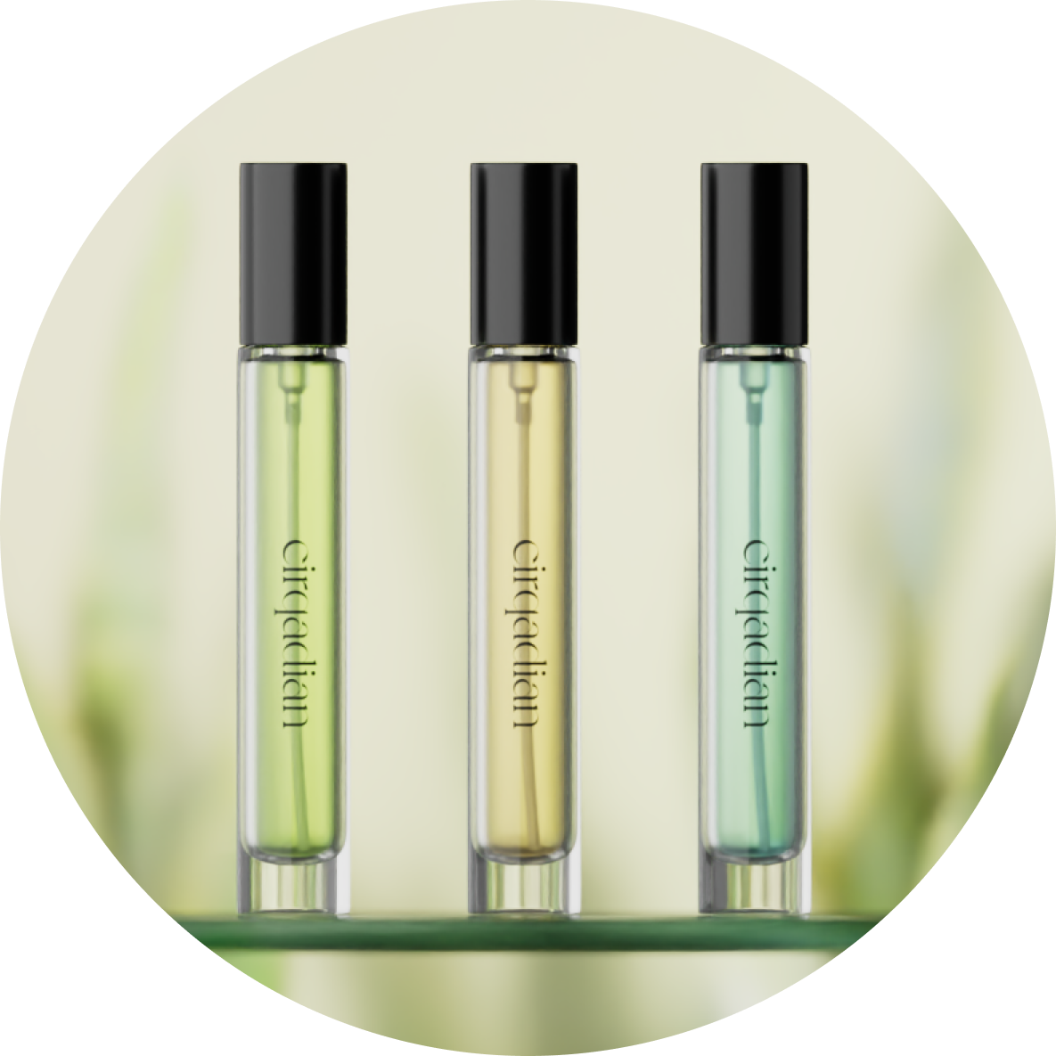 Three clear Cirqadian bottles with black caps, containing pale green, pale yellow, and pale blue liquids, arranged side by side on a reflective surface inside a circular frame.